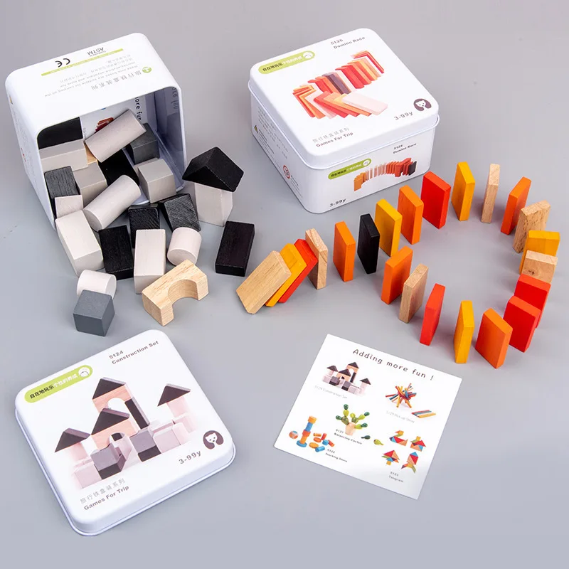 Travel กล่องเหล็ก Series Domino Magic Cube Top ปริศนาไม้ของเล่นเด็กปริศนาการตรัสรู้ Early Education บล็อกอาคารไม้