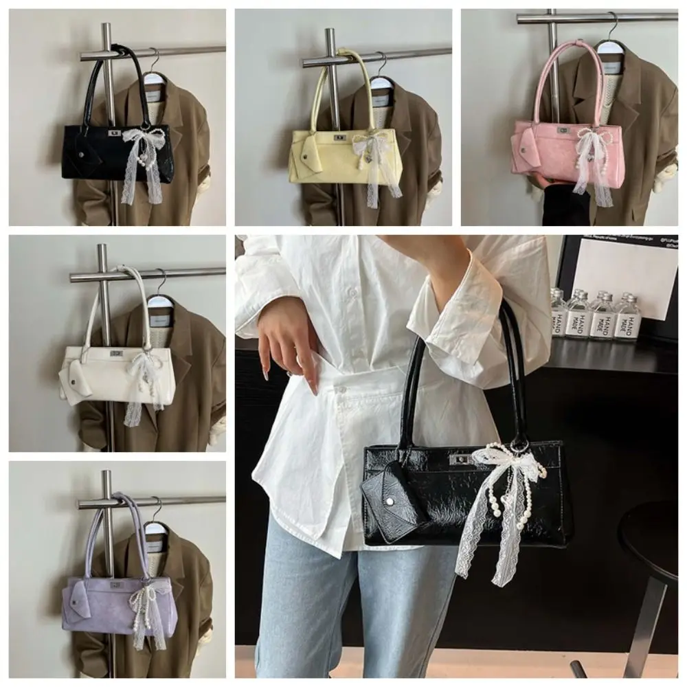 올 매치 스위트 프렌치 스틱 핸드백 레이스 교수형 파우치 PU 숄더 백 보우 리본 대용량 질감 겨드랑이 가방 매일