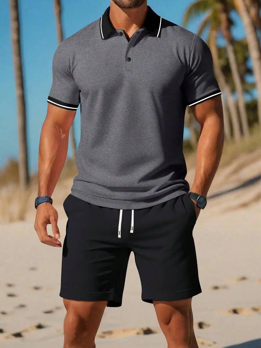 Mens Shirt And Shorts Set Casual Summer Sportswear Breathable Short Sleeve Drawstring Waist Activewear