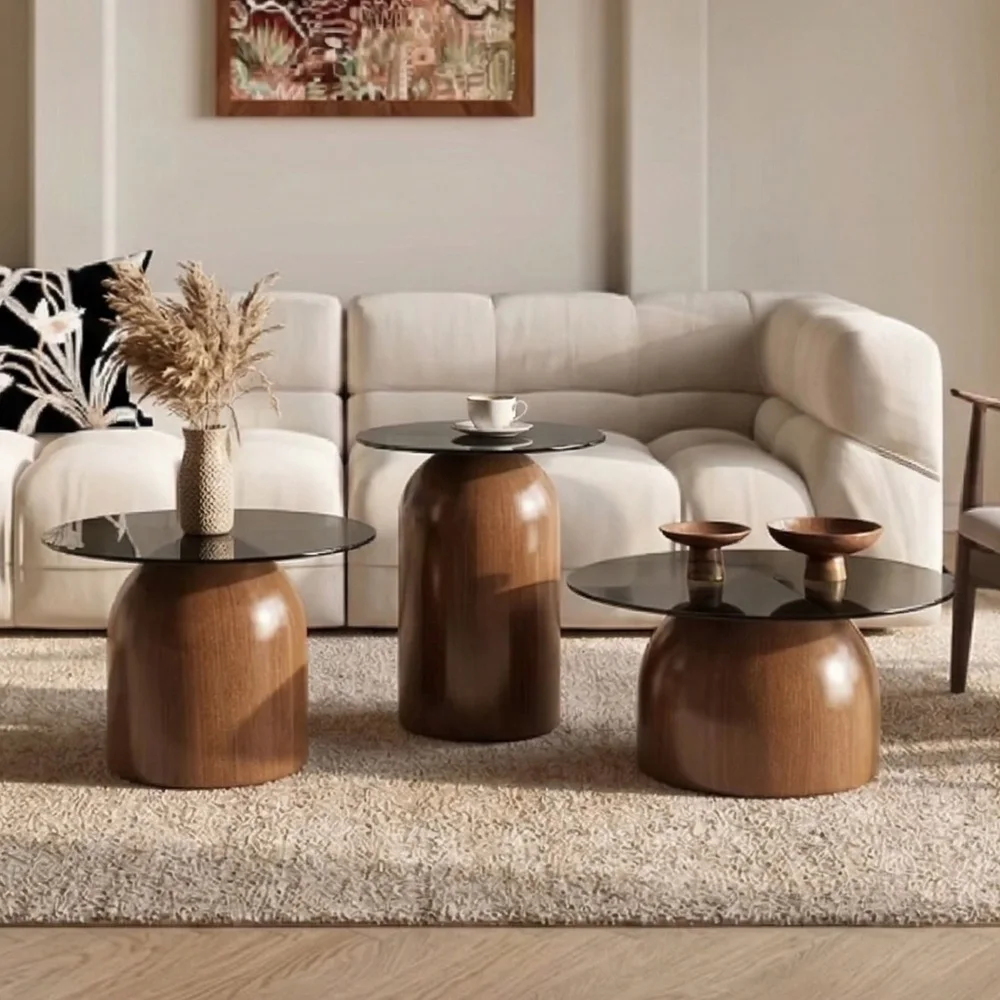 

Nesting Coffee Table Set of 3: Glass Desktop, Space Saving Circle Table for Living Room & Office (Walnut)