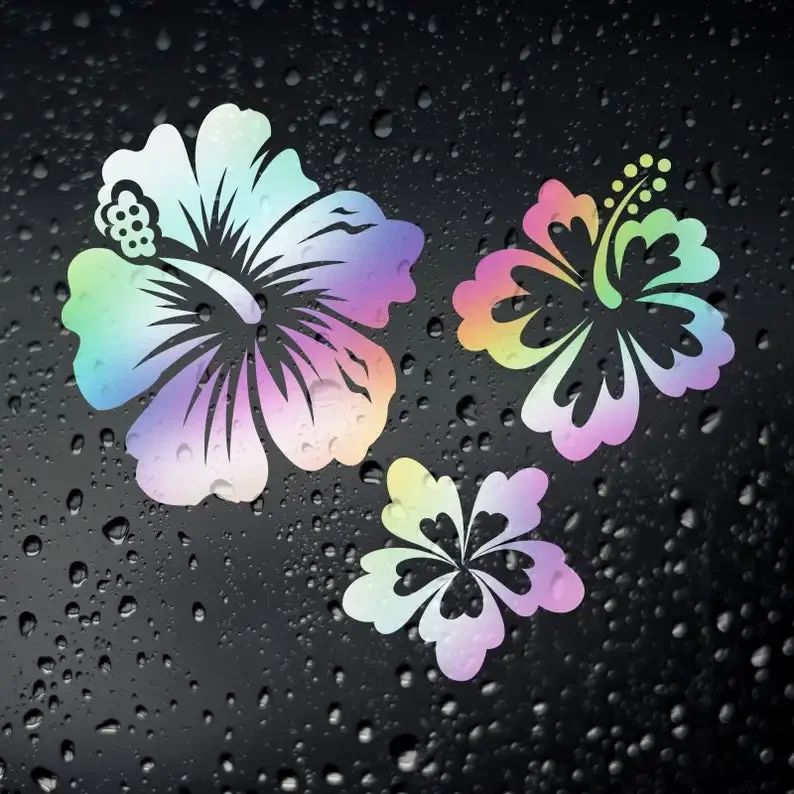 3x Hawaiian Lei Hibiscus Flowers Oil Slick Chrome Sticker - Campervan Surf Skate Hawaii Wakeboard Rat Look Cal