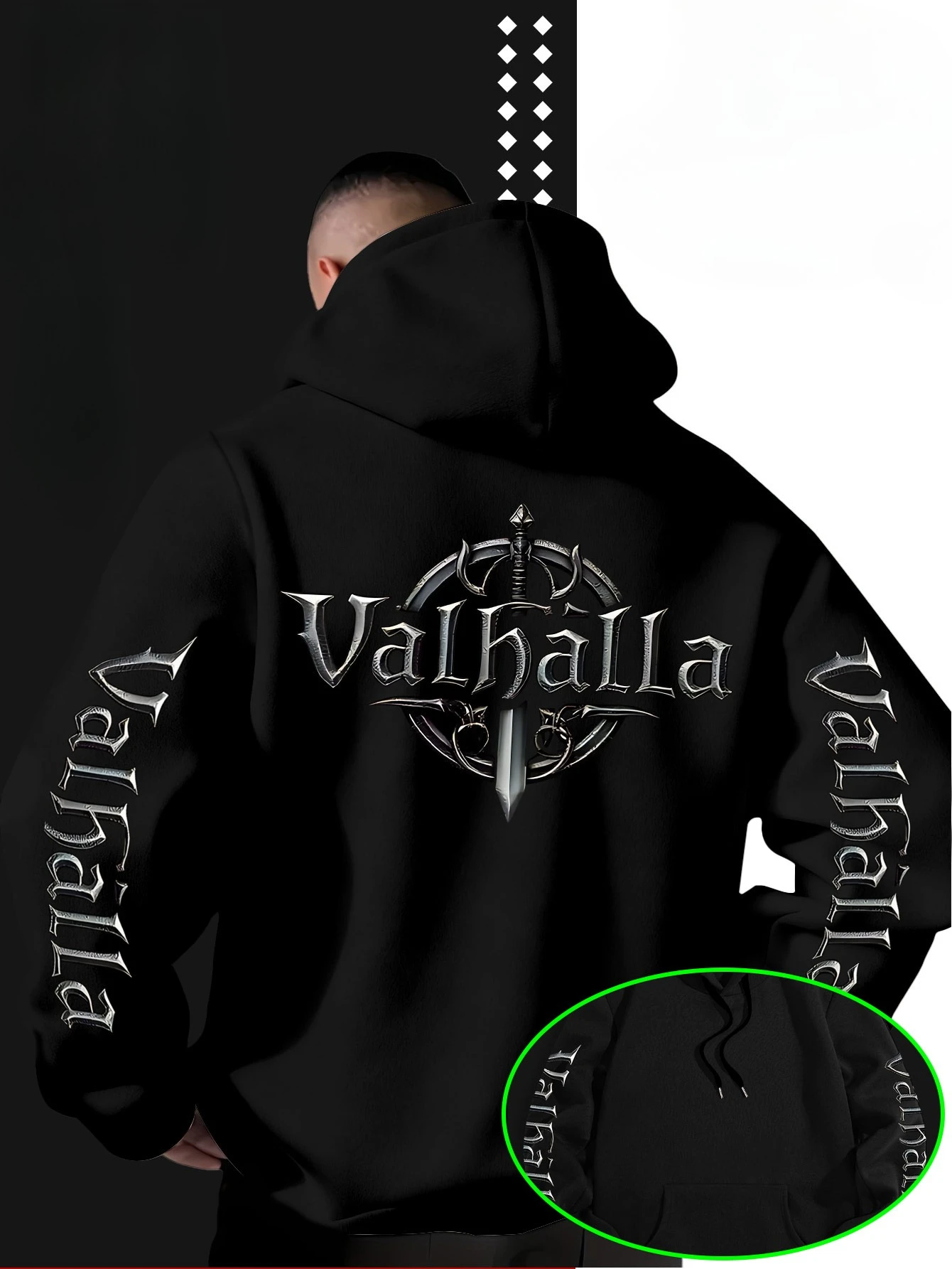 Street-Style locker geschnittener Kapuzenpullover mit Viking-Valhalla-Schwert-Logo-Druck für Männer, geeignet für Herbst und Winter. – Detail 5