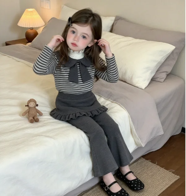 Girls' Suit 2026 Autumn and Winter New Children's Clothing Korean Style Girl Baby Striped Doll Collar Top Skirt Pants Two Sets
