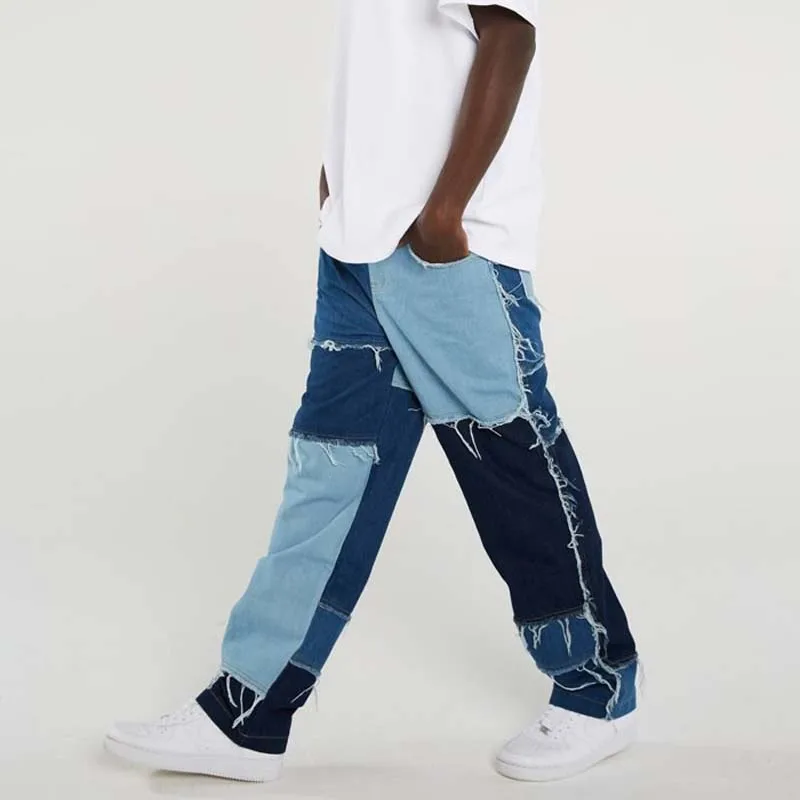 Men Wash Patch Design Jeans Hip Hop Harajuku Punk Style Splicing Straight Pants Denim Jeans Loose Street Cotton Tassel Trousers