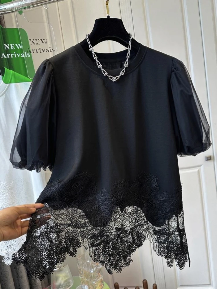 White Woman T Shirts Fashion Irregular Tees Oversized Tops O-neck Short Sleeve Patchwork Lace T-shirt Summer Korean Camisetas