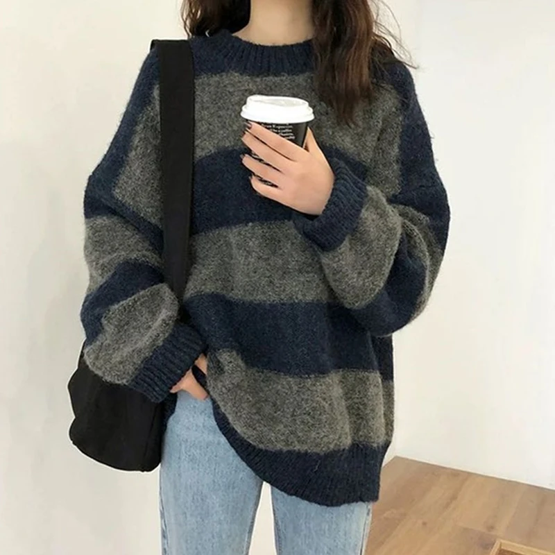 

Fashion Women Pullover Striped Sweater O-neck Casual Knitted Loose Winter Knitwear Women Thick Tops Autumn Contrast Color 28594