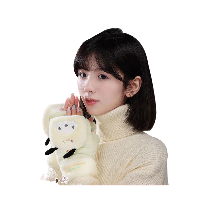 Miniso Sanrio autentico inverno caldo e freddo Melody simpatici guanti in peluche spessi con mezze dita per donna in inverno
