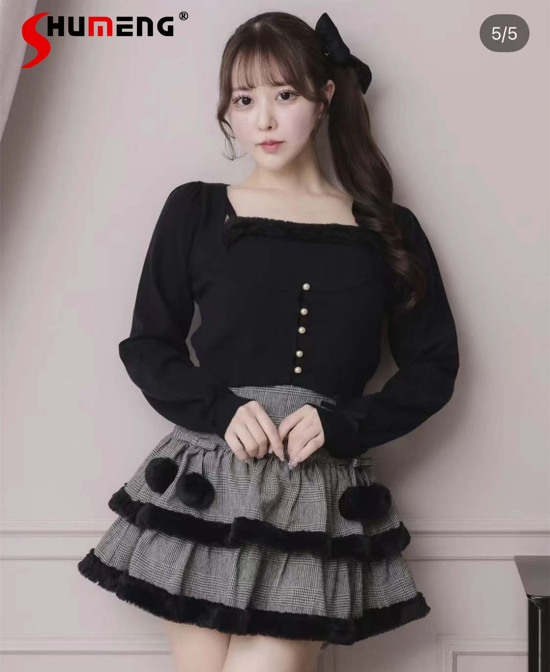 

Japanese Style Elegant Sweet Plush Patchwork Camisole Top Bow Long Sleeve Shorts Cardigan Set for Women Autumn Pullover Sweaters