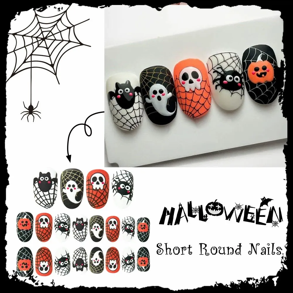 

24pcs Cartoon Ghost Bat Skull Fake Nails Press On Nails Halloween Short Almond Cute Pumpkin Fashion Matte False Nails Wearable