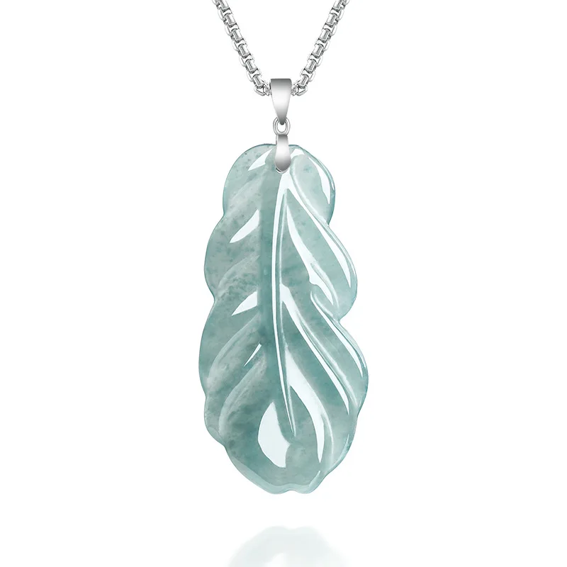 S925 Silver Natural Emerald Jade Blue Water Feather Pendant Necklace Carved Charm Jadeite Jewelry Fashion Gifts Certificate