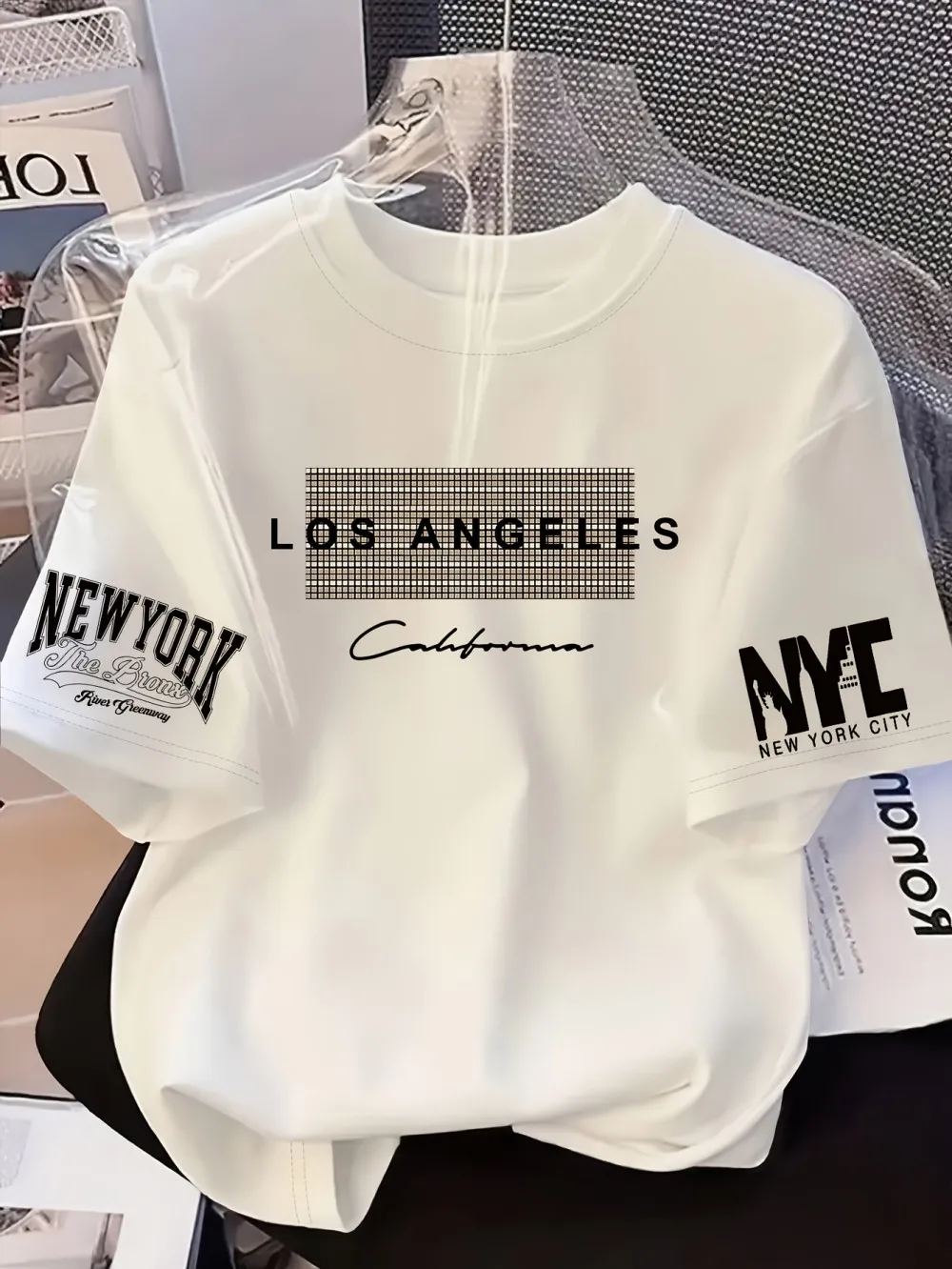 New Fashionable American Men's Summer Los Angeles Letter Printed Micro Elastic Breathable Round Neck T-shirt Outdoor Street Top