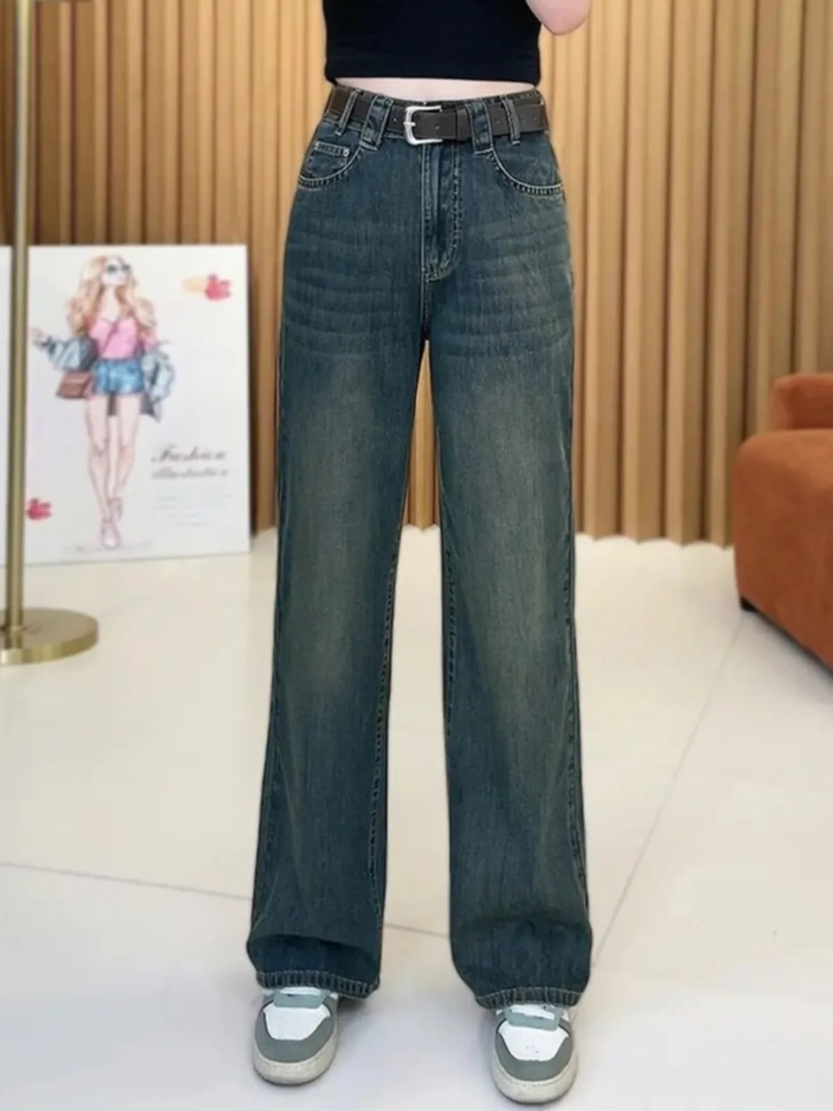 

Fall Winter Cement ey Straight Leg Jeans Women plus Size High Waist Slimming Narrow Wide Leg Trousers Trendy Blue Jeans