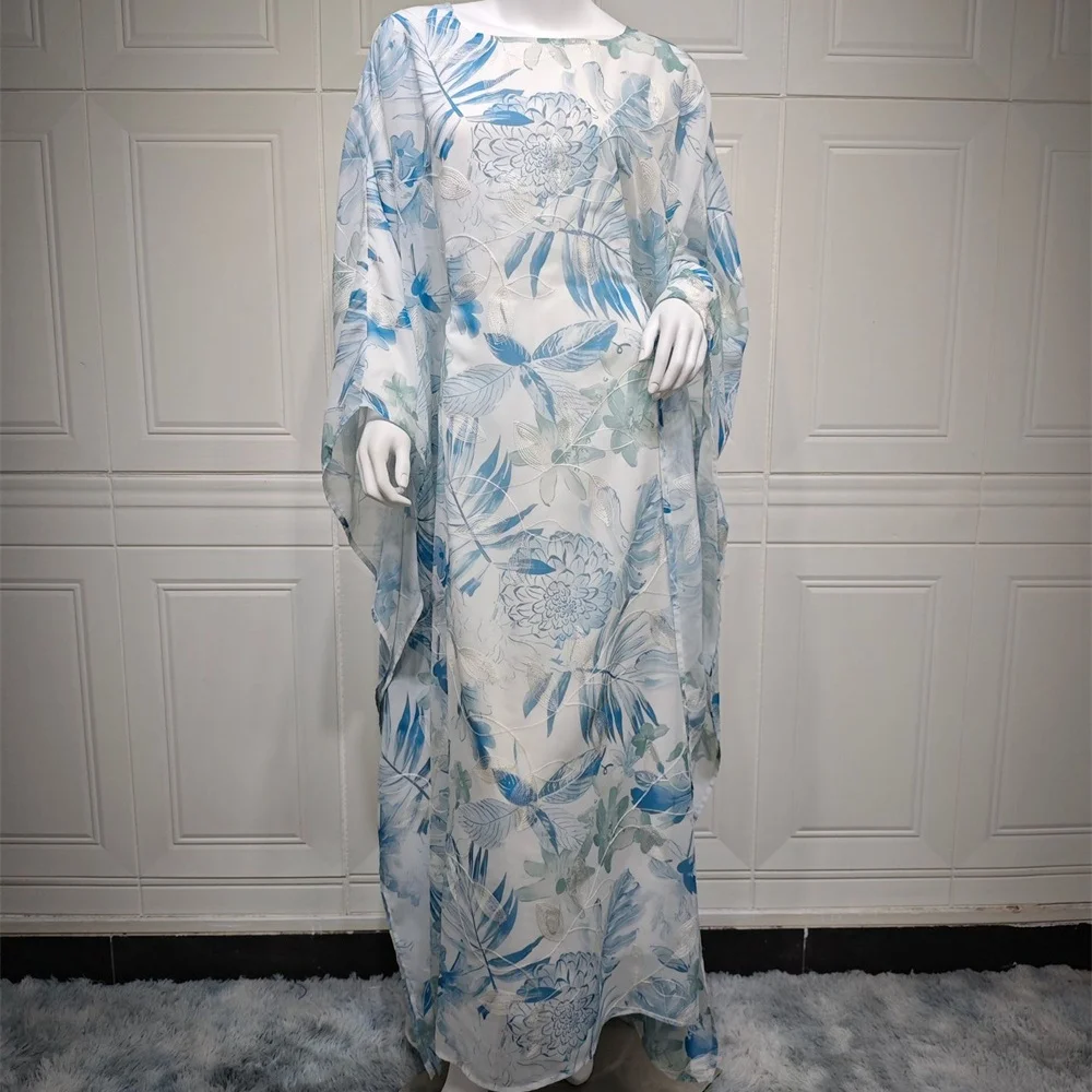 2025 New Muslim Printing Dress For Woman Batwing Sleeve O-Neck Dubai Abaya Elegant Casual Loose Moroccan Saudi Kaftan Fashion