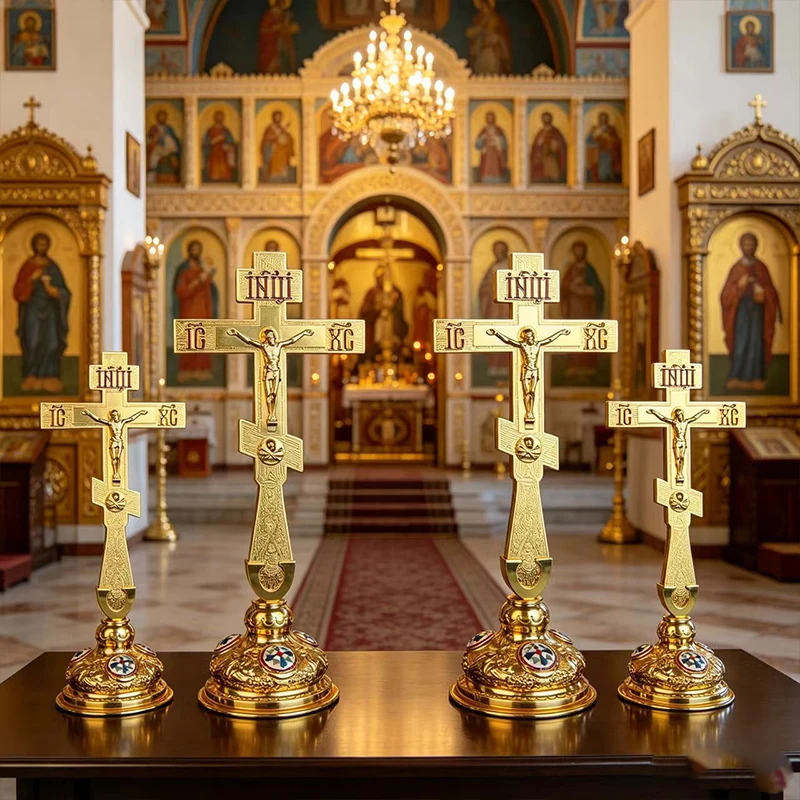 Gold Plated Orthodox Standing Cross with Enamel Lettering & Icon Base for Catholic Christian Church Altar Priest Liturgy Religio