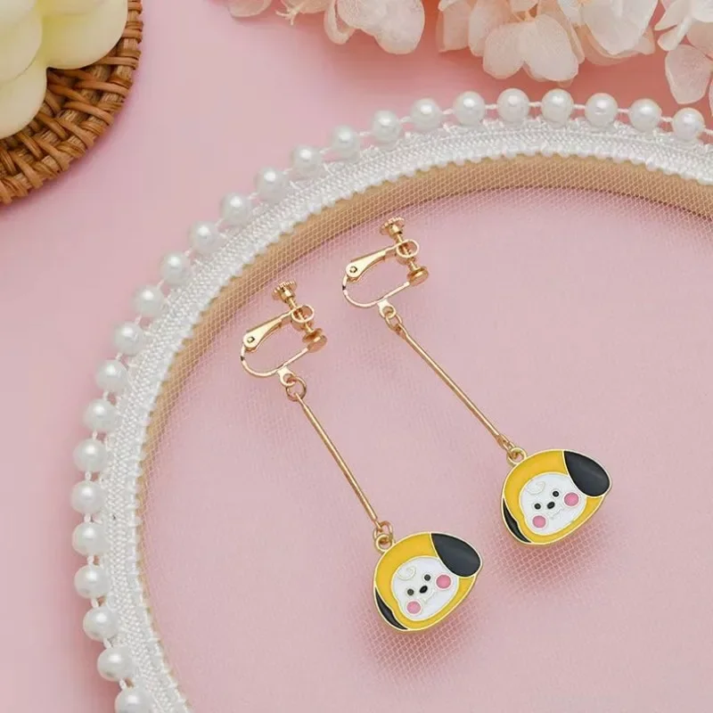 Anime BT21TATA Cute Cartoon Alloy Earrings Ear Clip Ear Needle Kawaii Fashion Gift for Girls