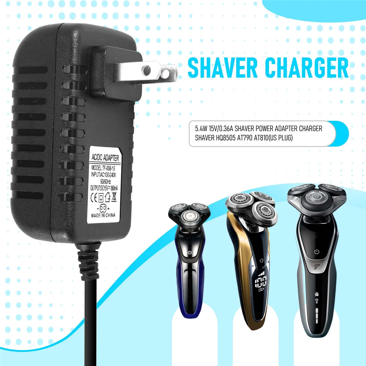 Cargador adaptador de corriente para afeitadora de 5,4 W 15 V/0,36 A para afeitadora Philips HQ8505 AT790 AT810 (enchufe estadounidense)