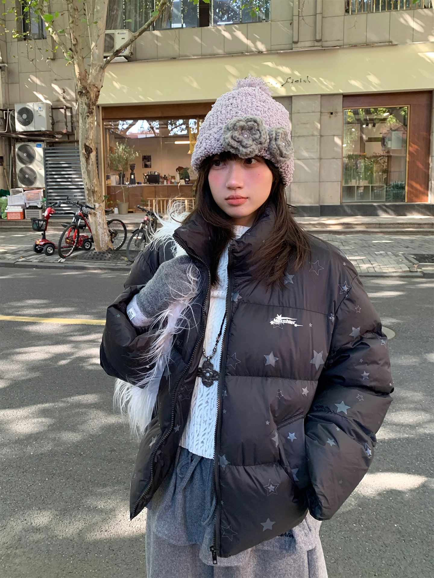 

Корейская зимняя хлопковая куртка-пуховик для женщин, теплая, с принтом звезд, воротником-стойкой, на молнии, длинная