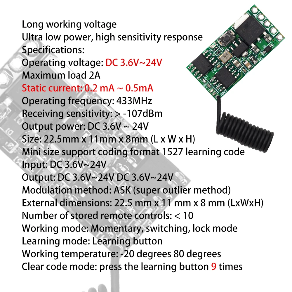 433MHz DC 12V 3.6V-24V Wireless Remote Control Switch Long Range Mini Receiver Transmitter LED light Remote Control DIY Kit