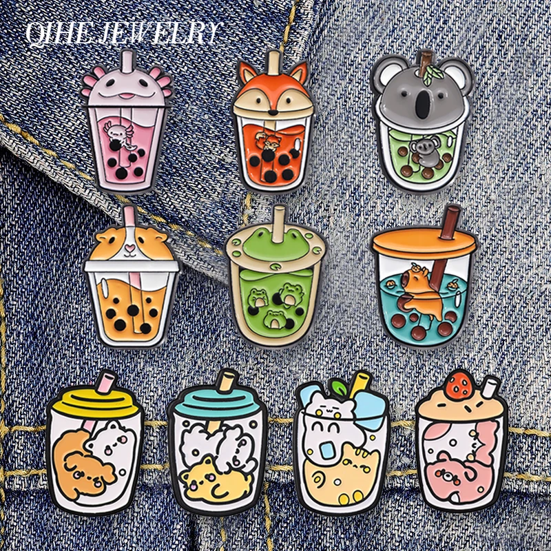 Cute Cat Animal Bubble Tea Enamel Pins Badge Japanese Anime Kawaii Dog Cat Rabbit Brooches Fashion Lapel Badge Jewelry Accessory