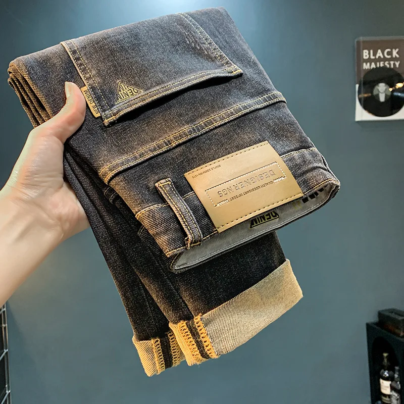 2024 Autumn New Black gray jeans men\'s elastic comfortable fashion printing high-end fashion slim fit ankle tight trousers