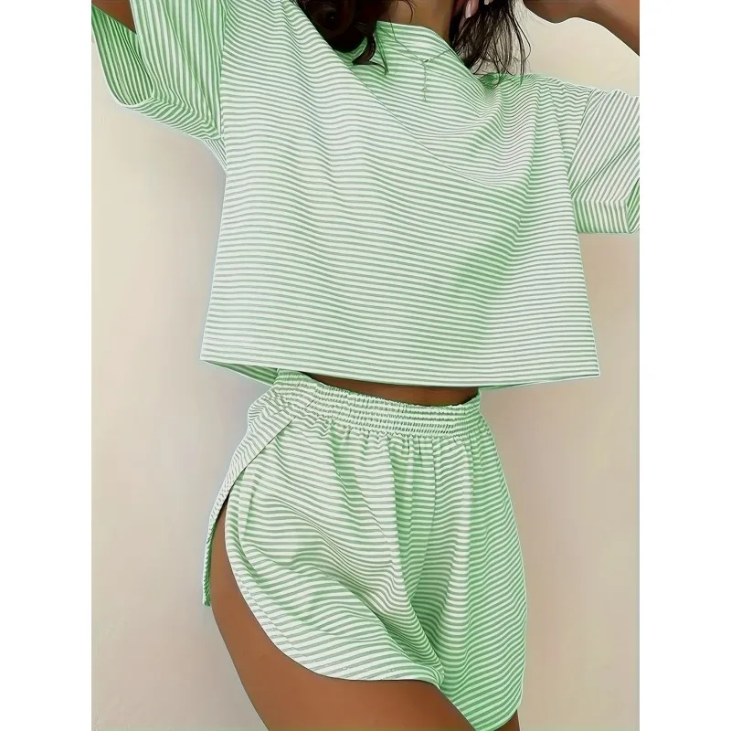 Plus Size New Summer Women's Home Simple Fit Solid Color Striped Elastic Waist Short Sleeved Shorts Two-piece Set