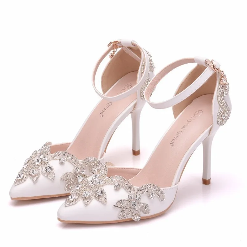 Sandálias pontiagudas com fivela de strass para mulheres, PU 9cm saltos finos, sapatos de mulher elegante, festa madura, baile, verão