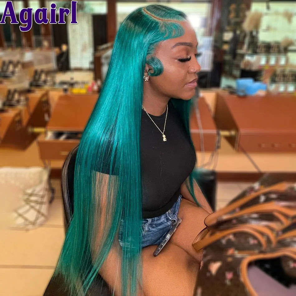 32Inch Mint Blue Bone Straight Ready Go Lace Frontal Human Hair Wigs 180% Pre Plucked Transparent 6X4 Lace Front Wigs for Women