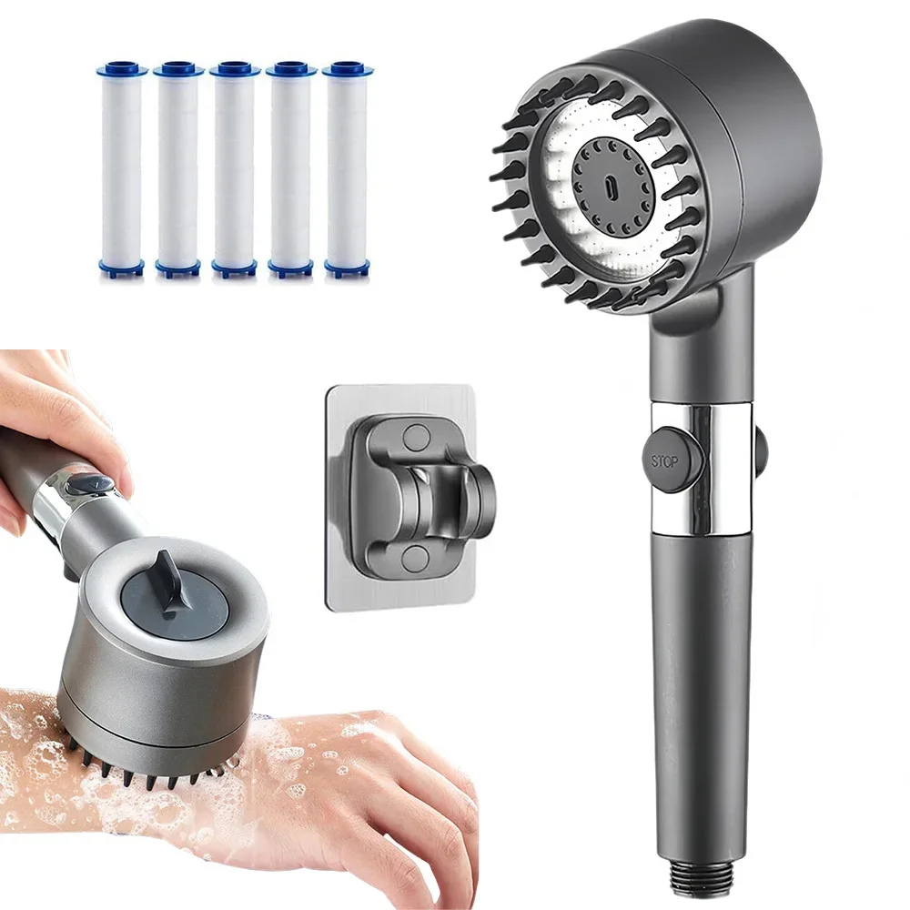 1 Set ABS 4-Modus-Hochdruck-Duschkopf mit 5 Ersatzfilterpads in Gunmetal-Grau für das Badezimmer zu Hause