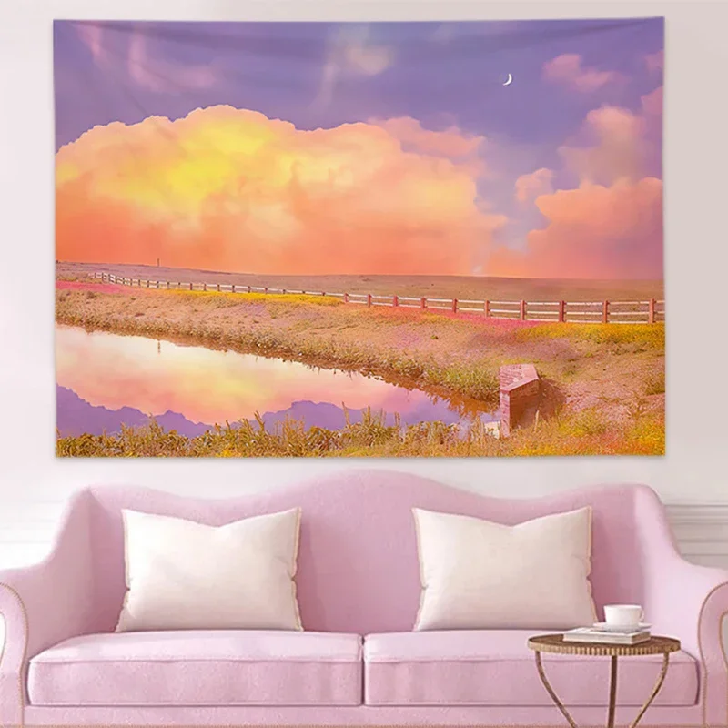 

Landscape Tapestry Wall Hanging Home Pink Kawaii Room Art Decor Aesthetic Cartoon Theme Tapestry Dorm Decoration Accessories