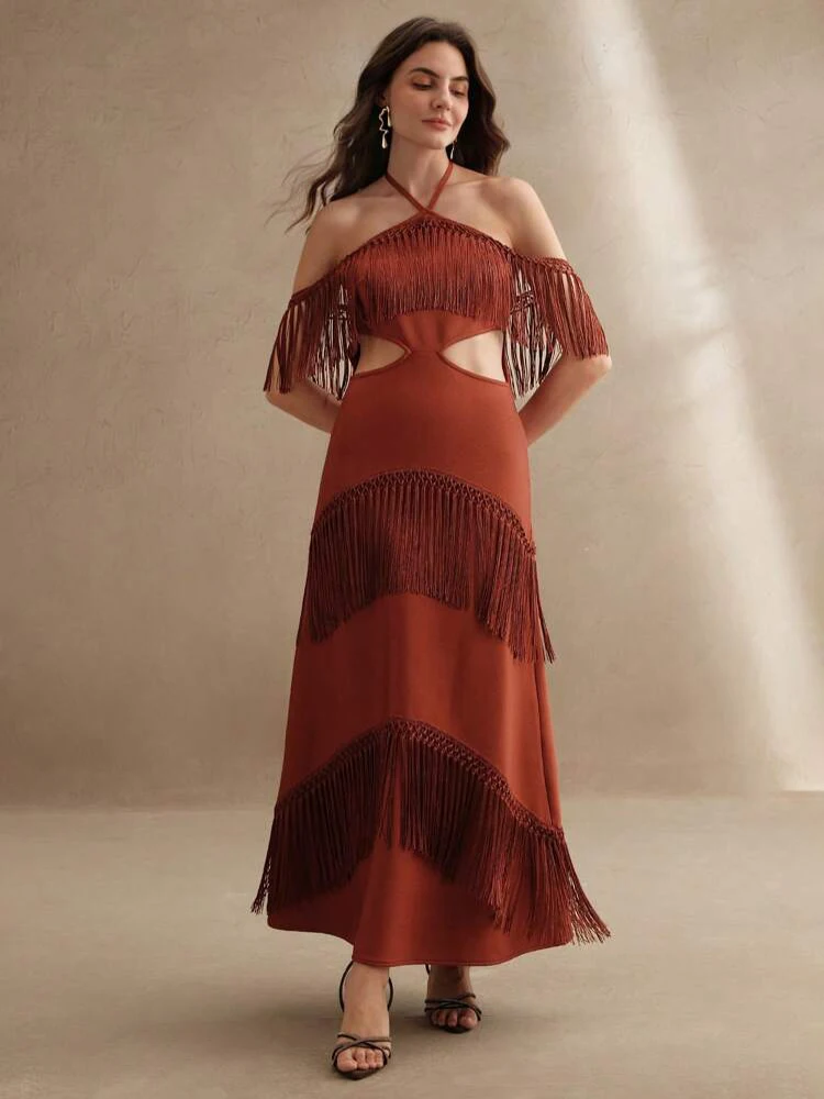 

Summer Rust Red Halter Neck Fringe Long Bandage Dress with Cut - Outs & Tiered Tassels For Music Festivals & Beach Weddings