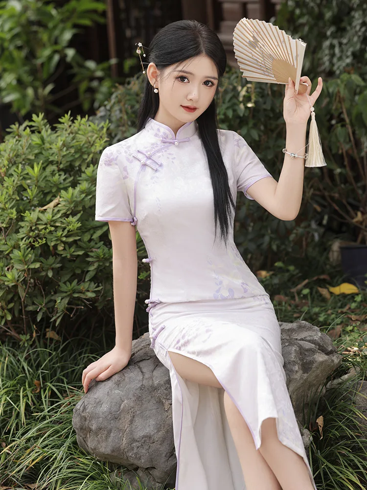 Retro Chinese Style Short Sleeved Qipao Summer Young Women Elegant Long Daily Cheongsam Dress