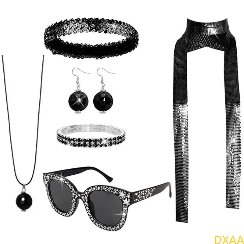 DXAA 60S 70S 80S Disco Accessoires Halloween Kostüm Schmuck Sonnenbrillen Pailletten Kopfbandkugel Ohrringe Neacklace Brabänder