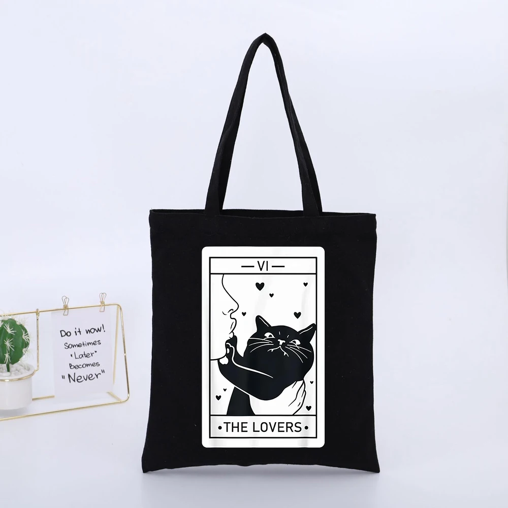 Men's Black Canvas Tote Bag with Cat and Heart Tarot-Inspired Print, Casual Style for Daily Shopping
