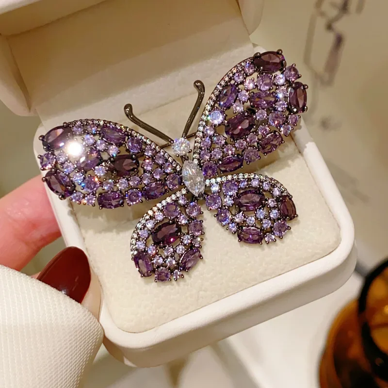 Light Luxury Dark Purple Zircon Butterfly Brooch Pins Retro Suit Coat Pin for Women Elegant Animal Corsage Accessories Ornament