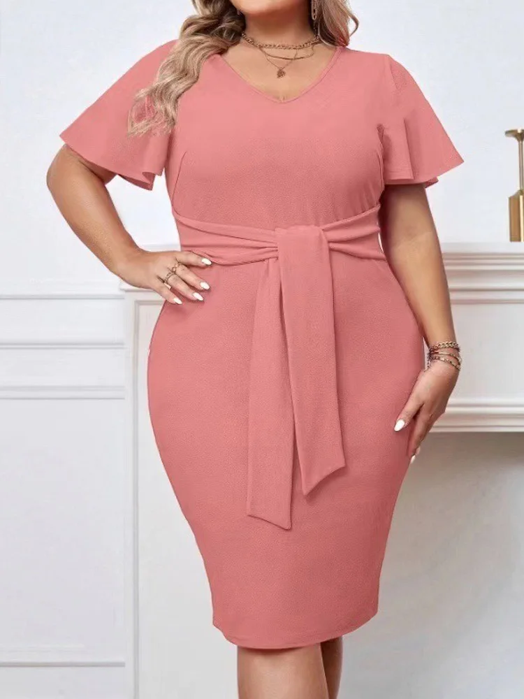 GIBSIE Plus Size Solid Tie Front Bodycon Pencil Dress Women 2024 Summer V Neck Short Sleeve Elegant Office Lady Mini Dresses