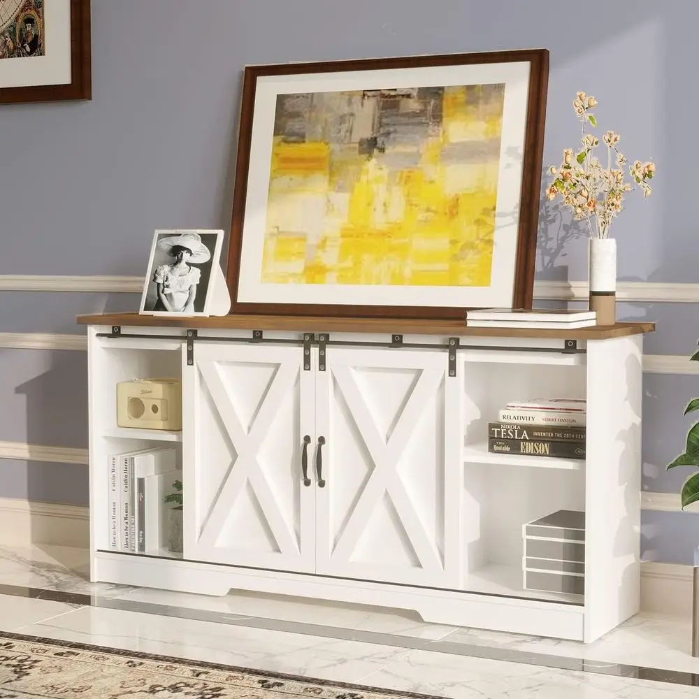 Modern White Barn Door TV Stand with Storage Cabinets and Adjustable Shelves for Living Room and Bedroom Entertainment