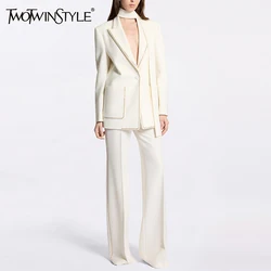 TWOTWINSTYLE Elegant Two Piece Set For Women Notched Collar Long Sleeve Blazer High Waist Full Length Pant Formal Sets Female