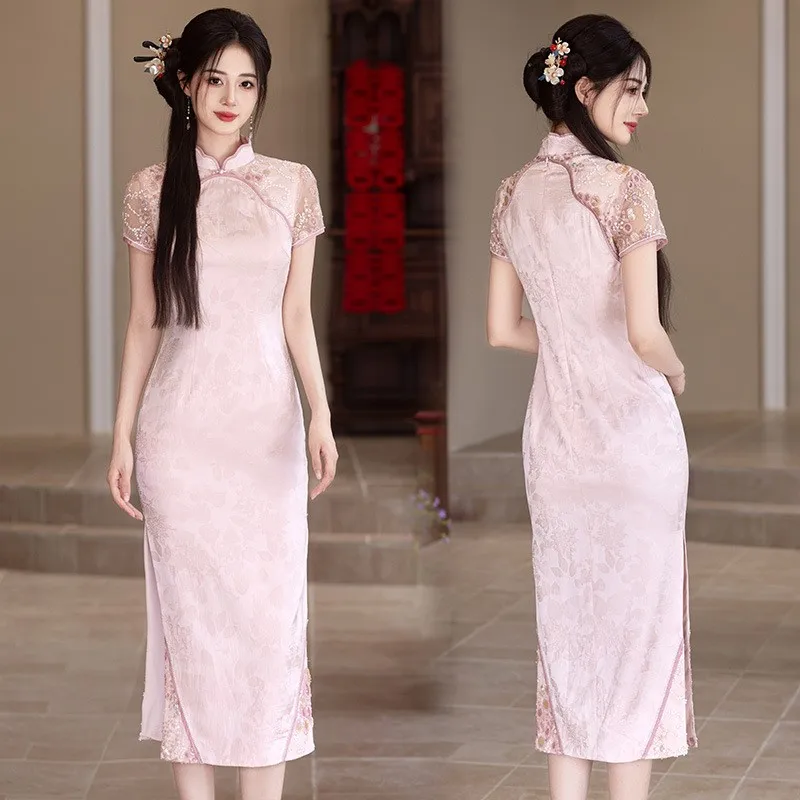 

Новый элегантный Cheongsam в китайском стиле на розовую тематику для тостов и большого банкета.