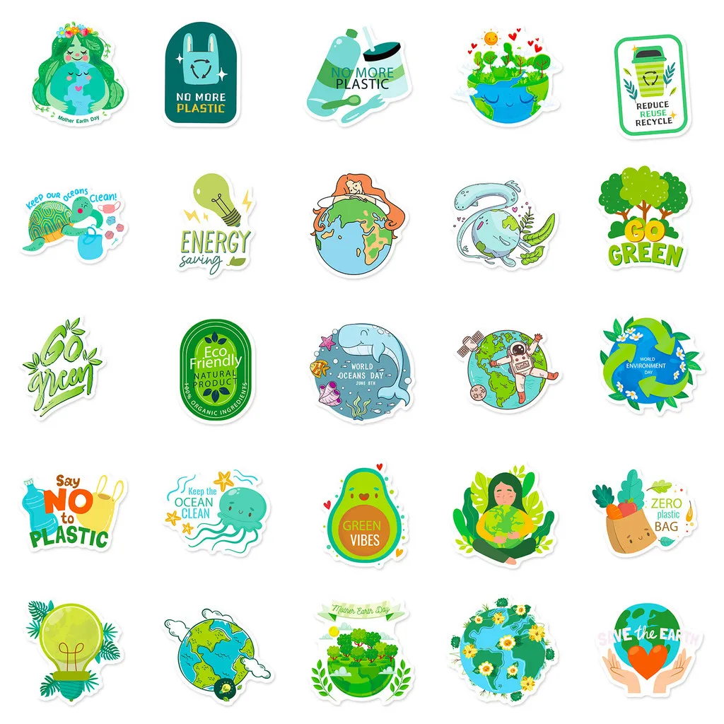 50Pcs Environmental Protection Stickers, Green Nature Conservation Decals for Earth Care DIY Decor Giajar Sticker Store