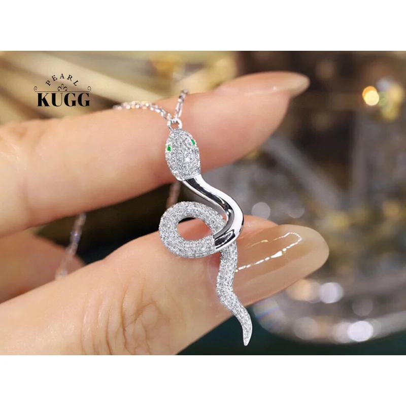 KUGG 100% 18K White Gold Necklace Fashion Snake Shape Luxury Diamond Jewelry Natural Emerald Necklace for Women Anniversary Gift