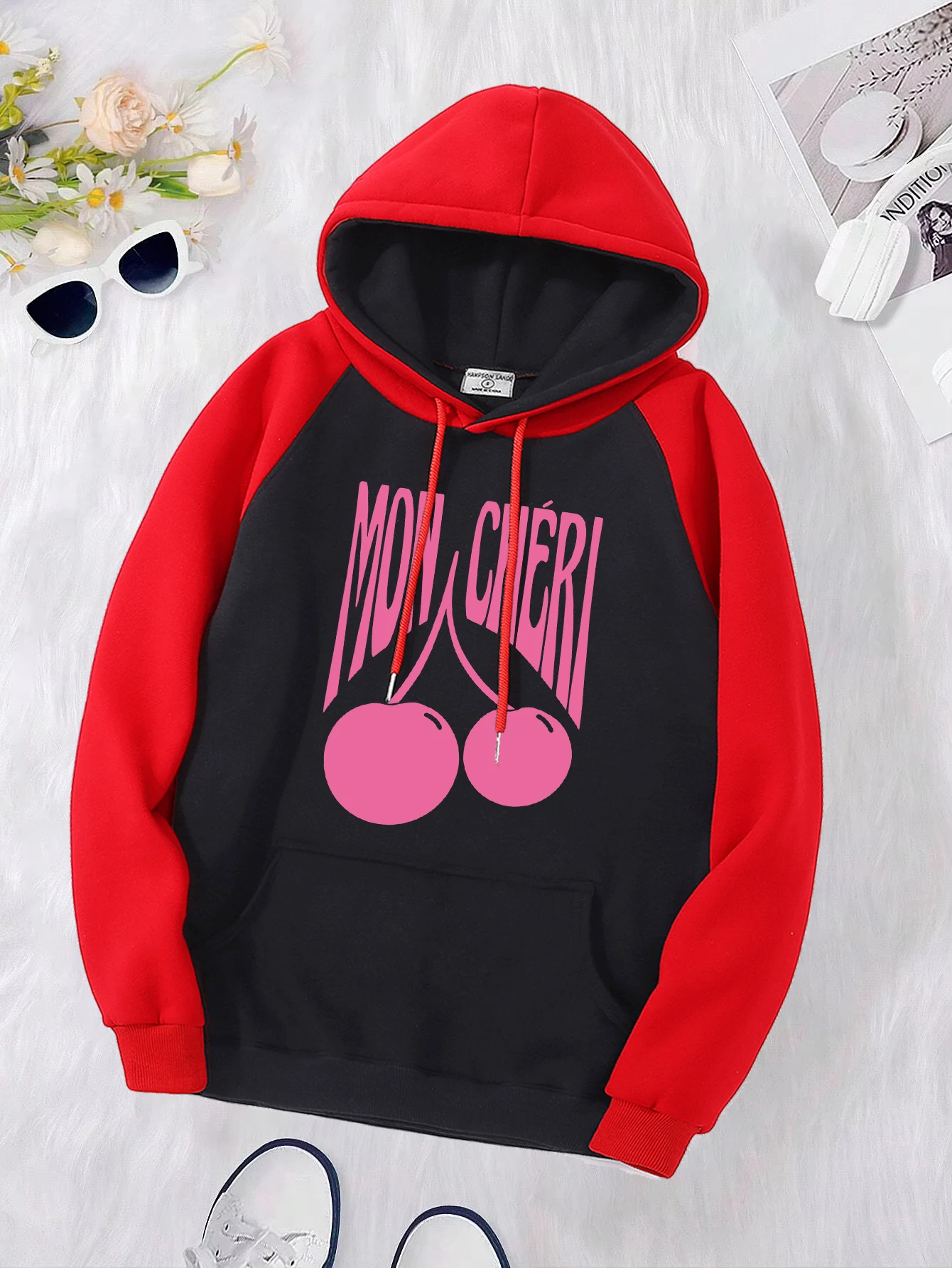 Pink Cherry Creative Printed Raglan Hoodies Women Fleece All-Match Pullover Pocket Y2K Hoodie Casual Multicolor Female Hoody