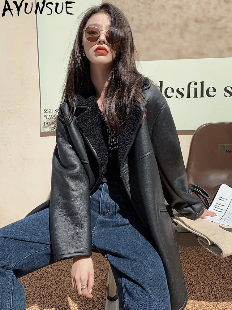 AYUNSUE 2025 신상 시어링 코트 여성 중간 길이 100% 천연 양털 코트 여성 의류 고품질 털 코트 아브리고 무헤르