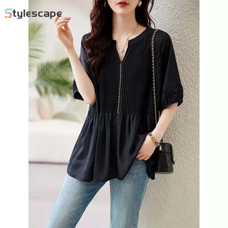 

Black V-neck Chiffon Shirt for Women's Summer Loose and Stylish Small Shirt, Oversized Slimming and Elegant Women's Top