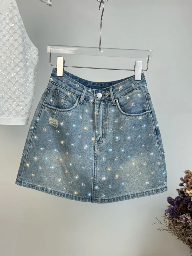 Sommer Frauen Diamanten Perlen Loch zerrissen eine Linie Mini-Jeans rock lässig Streetwear Slim Fit Damen Vintage Röcke hohe Taille