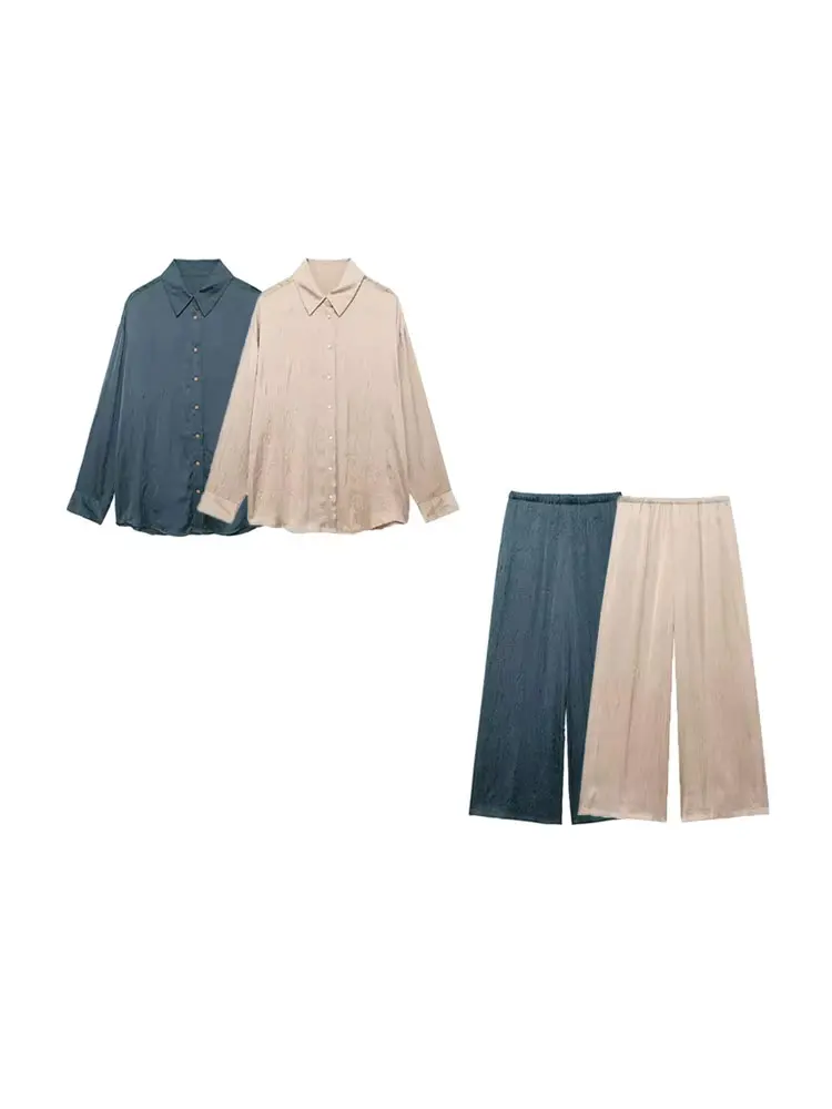 

GELITAYIN женские модные атласные рубашки со складками и широкие брюки с высокой эластичной резинкой на талии женские комплекты из двух предметов Mujer