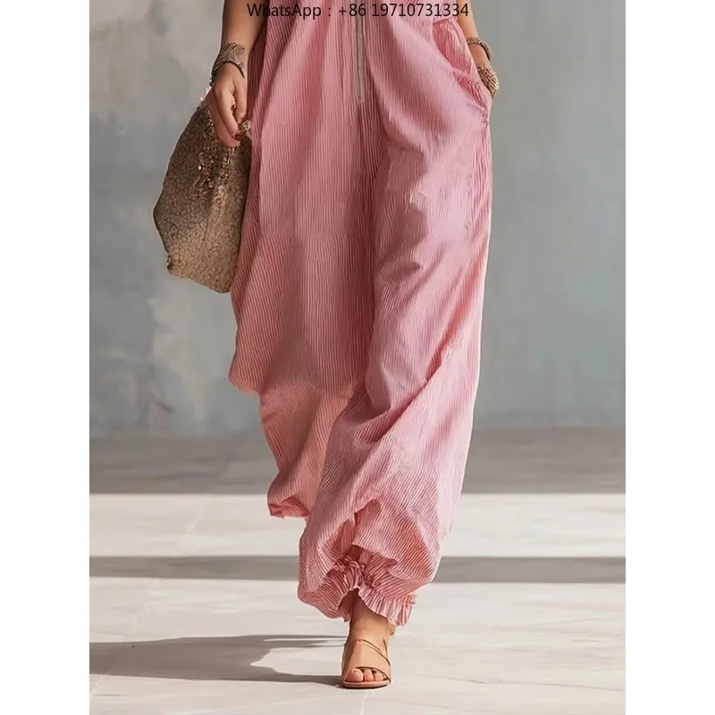 Women Pink Striped Jumpsuit Sleeveless Zipper Loose Wide Leg Casual Summer Beach Romper with Pockets Loose Leg Binding Jumpsuit