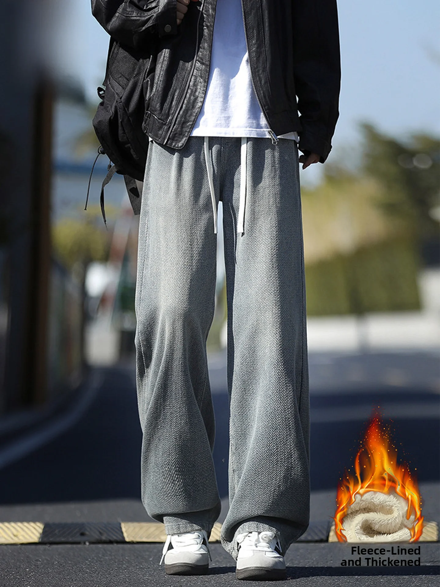 

Nanilu American Retro Washed Jeans Men's Loose Straight Leg Casual Pants Fleece Warm Workwear Trousers Youth Fashion