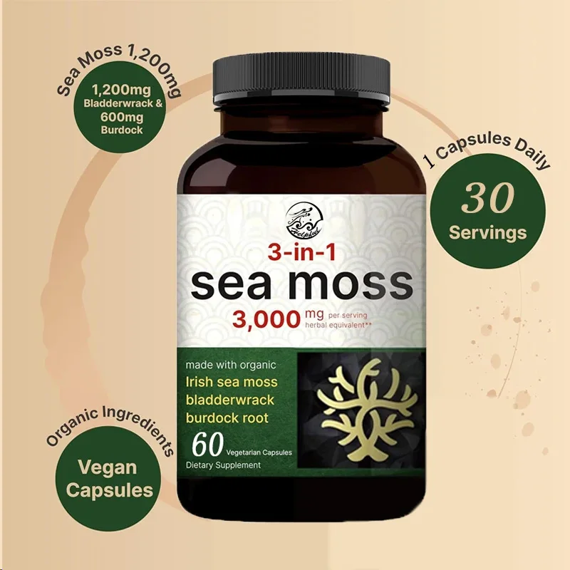 Irish Seaweed 60 Vegetarian Capsules Made From Organic Raw Powder, Combined with Bladder and Burdock Roots, Promote Immunity