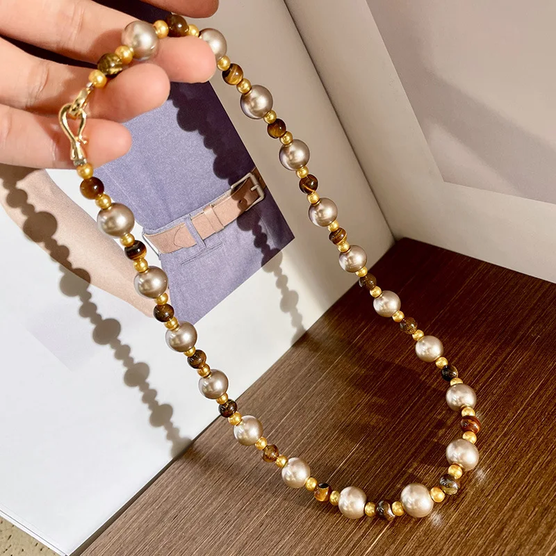 Maillard Tigereye Pearl Mixed Color Necklace New Natural Stone Light Luxury Minority Sweater Chain Necklace Wholesale