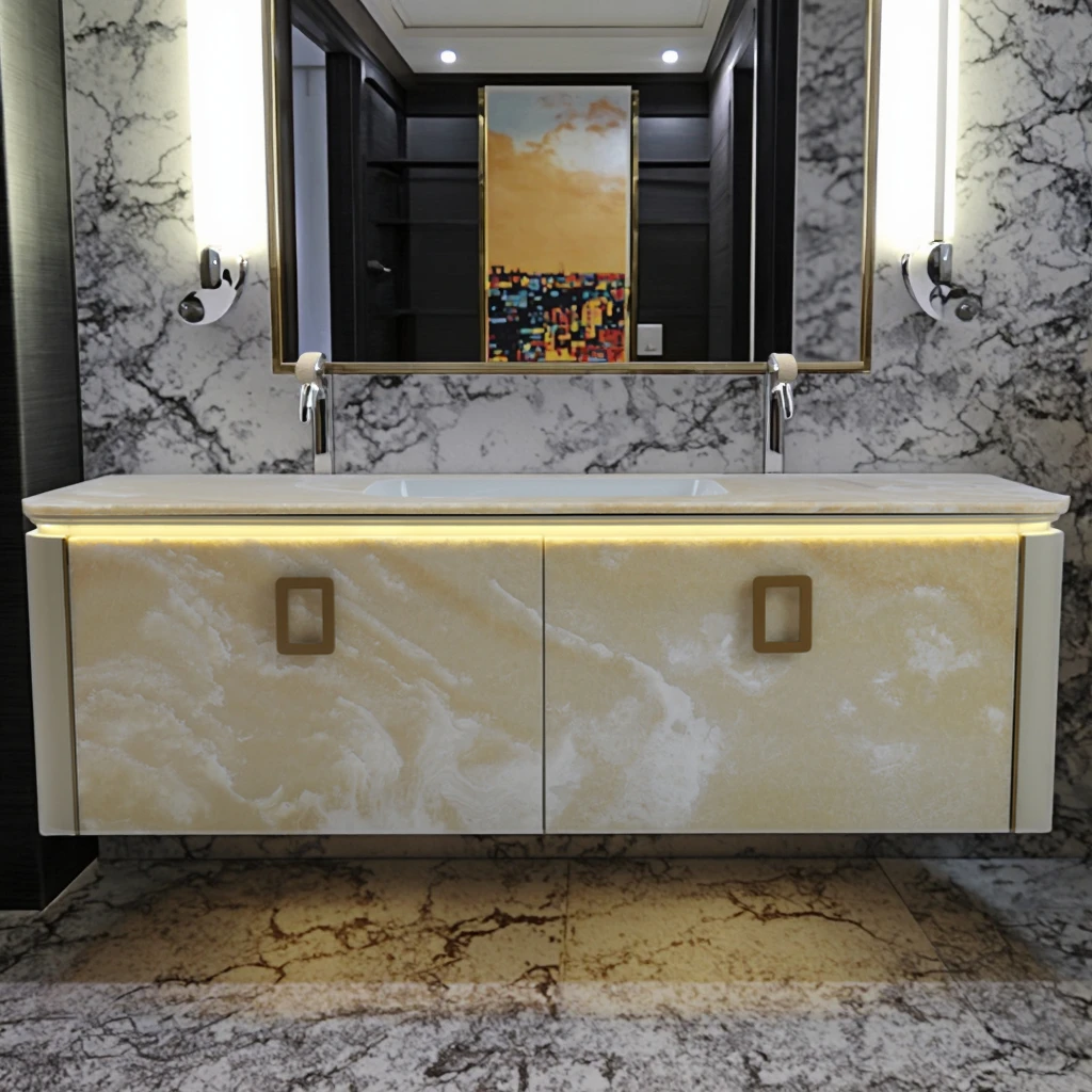 #Modern LED Strip Light Marble Bathroom Vanities Vanity Sink Storage Cabinet Set